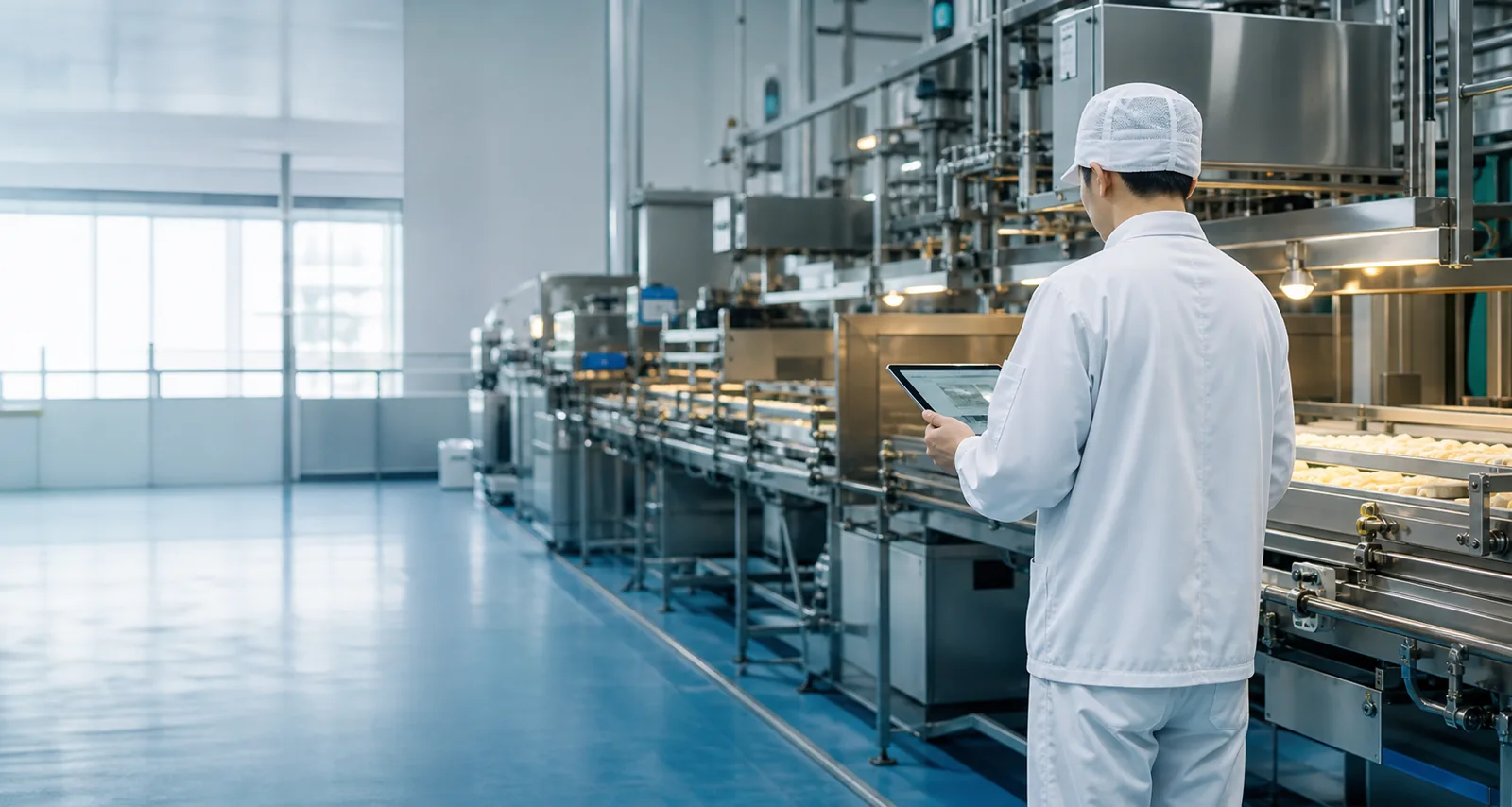 食品工場の製造ラインでタブレットを確認する管理職
